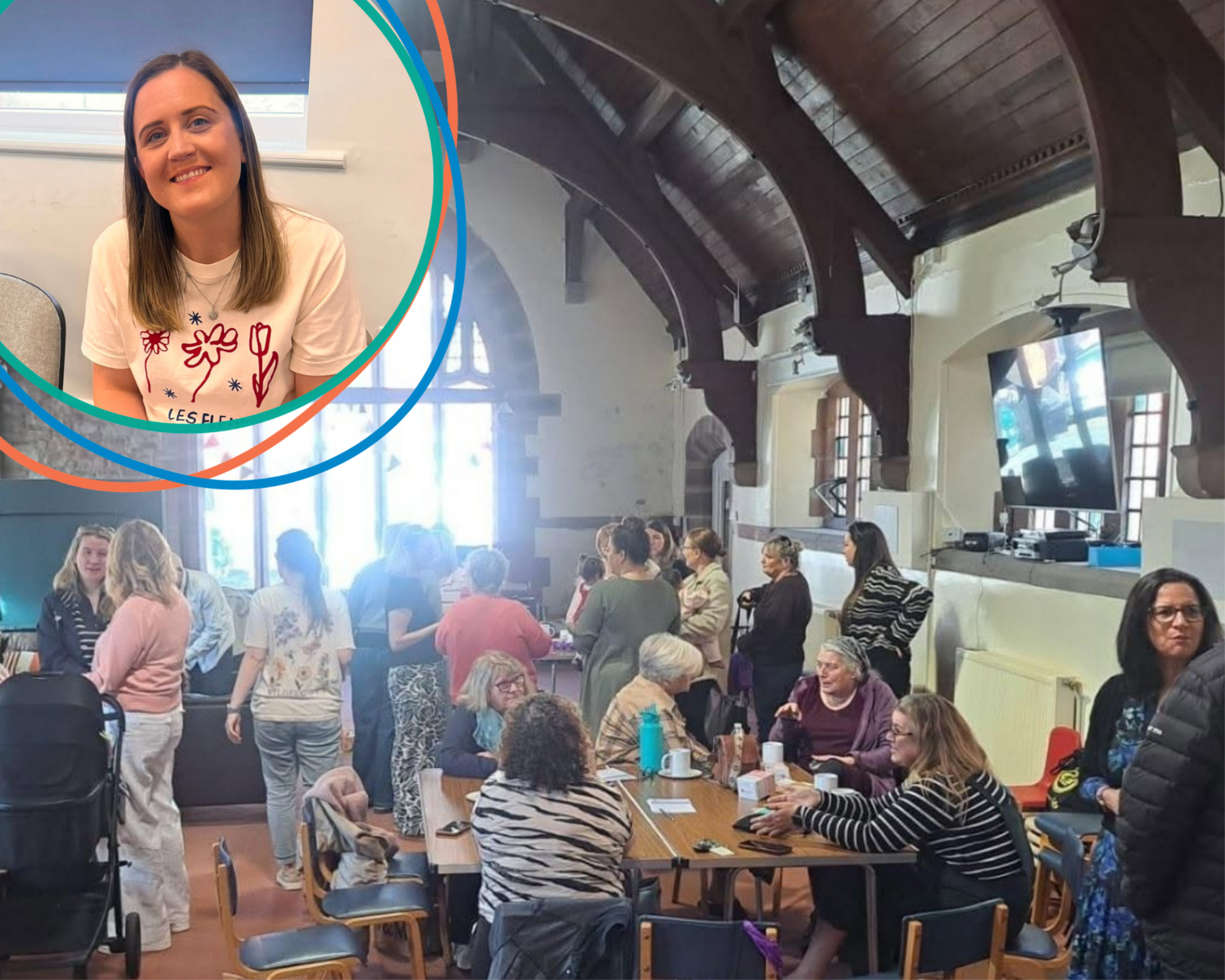 Philippa, foster carer, and a background image of a coffee morning in Conwy